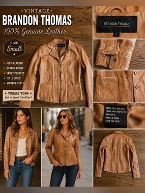 Vintage Brandon Thomas 100% Leather Jacket Brown Button Front Women’s Small